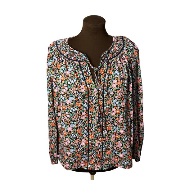 Boden Women's Black Floral Long Sleeve Georgia Smocked Jersey Top Size 12 Boho - Picture 2 of 9